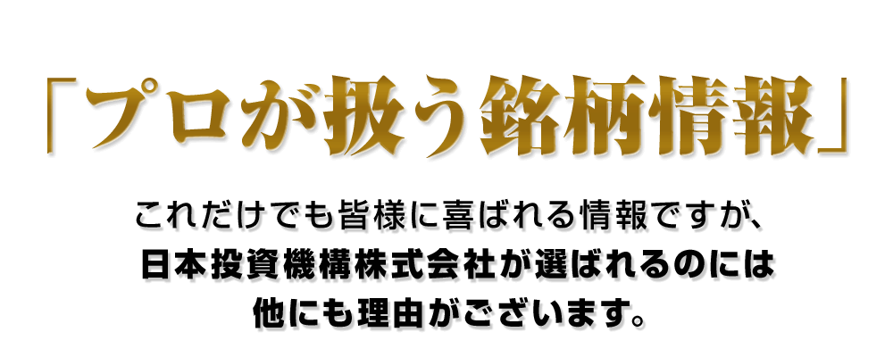 「プロが扱う銘柄情報」これだけでも皆様に喜ばれる情報ですが、日本投資機構株式会社が選ばれるのには他にも理由がございます。